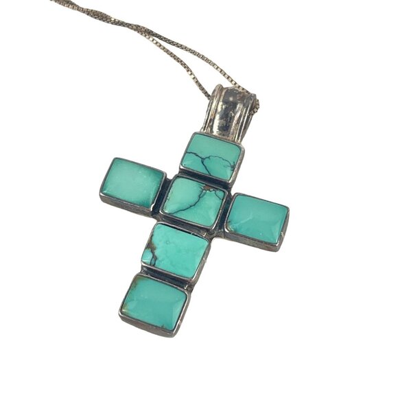 EXEX 925 Sterling Silver Claudia Agudelo Turquoise Cross Pendant Necklace Inlaid - Picture 2 of 9